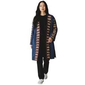 Vintage Denim Maxi Coat  w/Wooden Elephant Bone Inserts Blue Jean Women’s Large